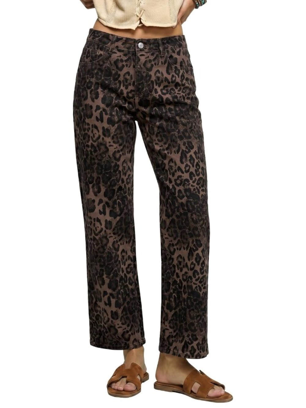 Woman Trendy High Waisted Wide Leg Ankle Jeans Leopard Print